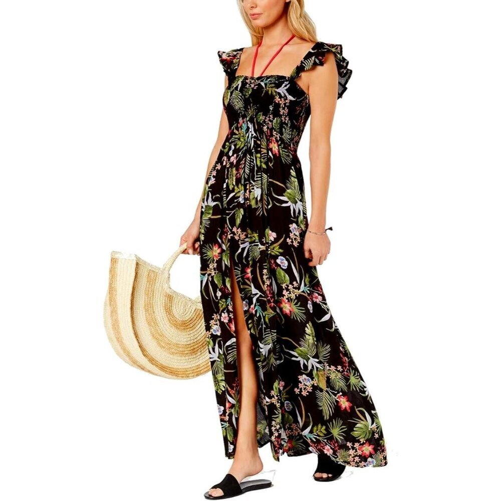 Floral garden printed‎ ruffled summer coastal maxi dress cover up women Small